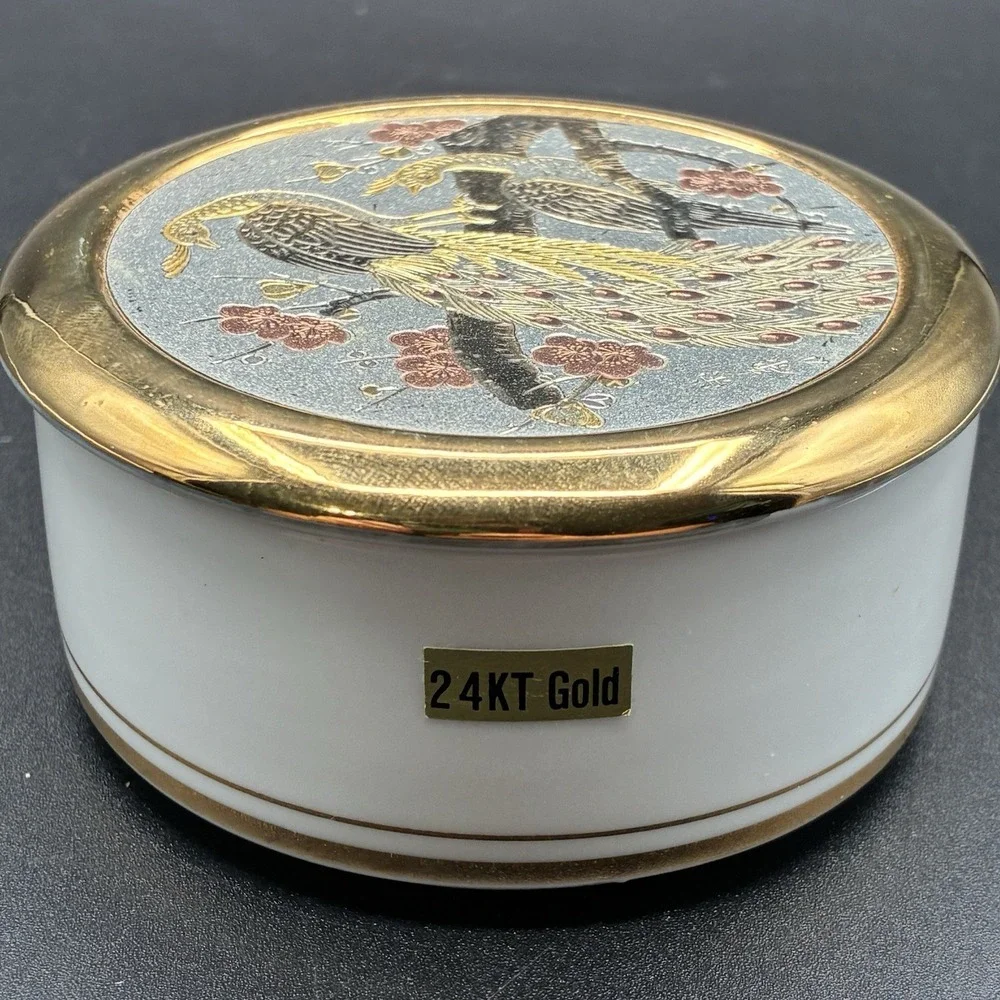 Vintage Art of Chokin Ceramic Trinket Jewelry Box Made in Japan 24K Gold Trim